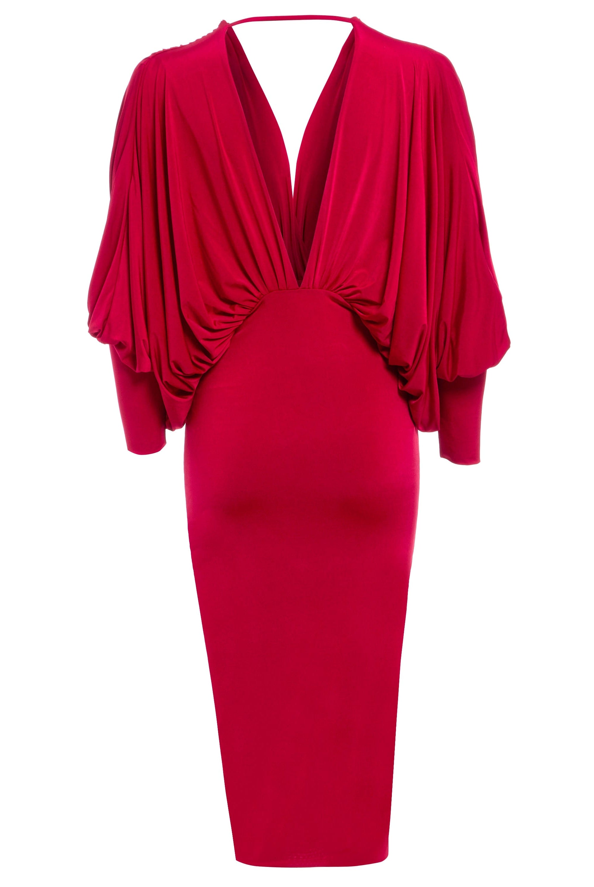 a Sarvin red Batwing Dress with a sleeveless neckline.
