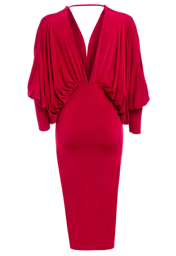 a Sarvin red Batwing Dress with a sleeveless neckline.