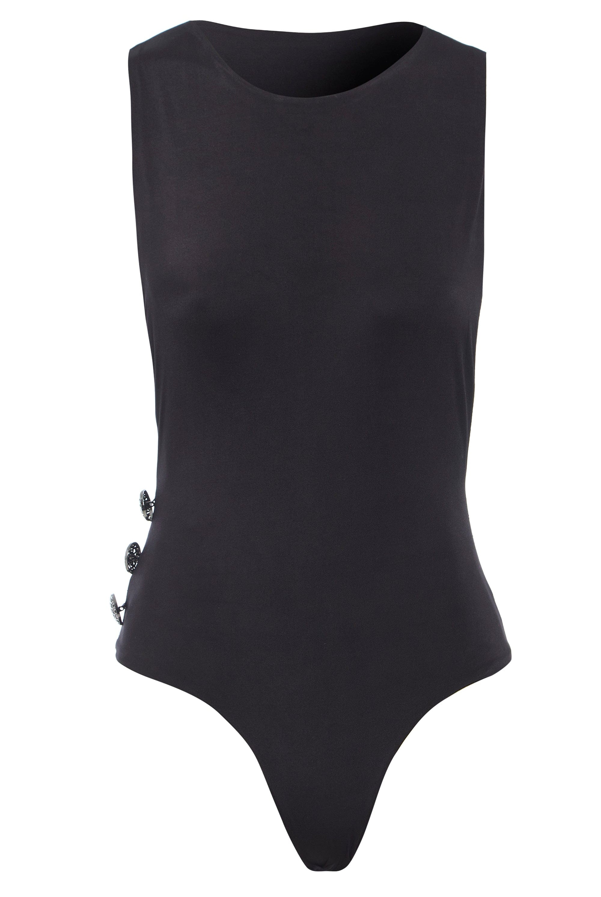 The Sarvin Dropped Armhole Bodysuit features a sleeveless black design with a high neckline and three buttons on the left, made from silk-touch jersey for a luxe feel—ideal as your next party bodysuit. Shown on a plain white background.