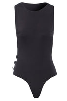 The Sarvin Dropped Armhole Bodysuit features a sleeveless black design with a high neckline and three buttons on the left, made from silk-touch jersey for a luxe feel—ideal as your next party bodysuit. Shown on a plain white background.