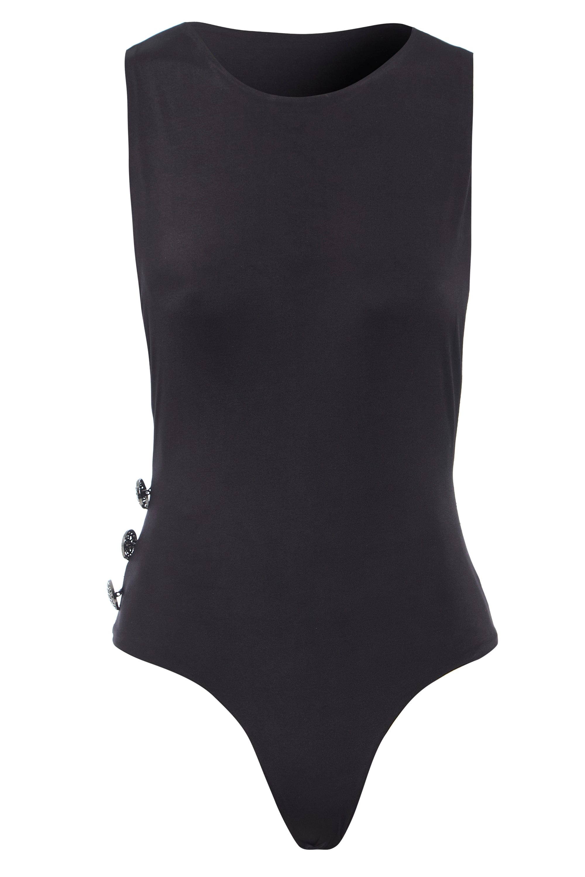 The Sarvin Dropped Armhole Bodysuit features a sleeveless black design with a high neckline and three buttons on the left, made from silk-touch jersey for a luxe feel—ideal as your next party bodysuit. Shown on a plain white background.