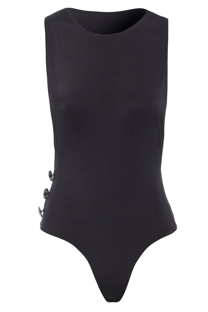 a black Dropped Armholes Bodysuit with buttons from Sarvin.