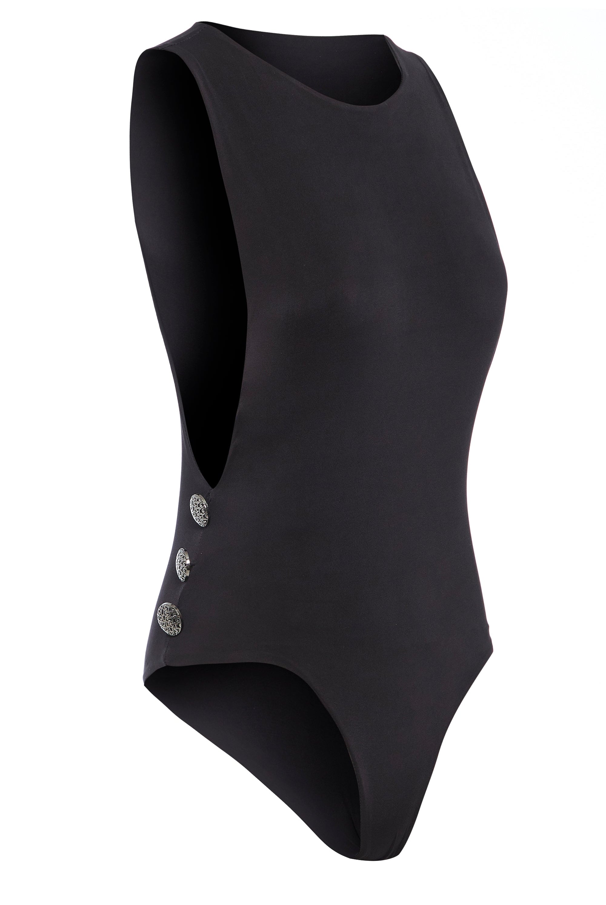 The Sarvin Dropped Armhole Bodysuit is a sleeveless black silk-touch jersey piece with a round neckline, side cutouts, and three silver buttons on the left hip—ideal as a chic party bodysuit. Displayed on a white background.