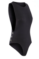 The Sarvin Dropped Armhole Bodysuit is a sleeveless black silk-touch jersey piece with a round neckline, side cutouts, and three silver buttons on the left hip—ideal as a chic party bodysuit. Displayed on a white background.