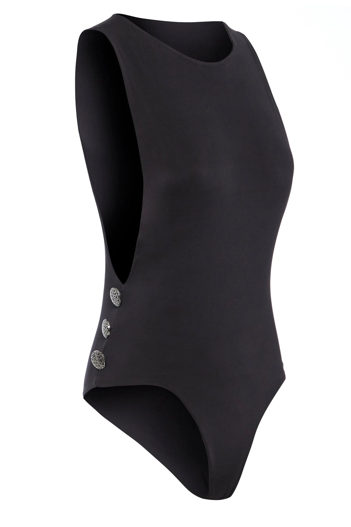 The Sarvin Dropped Armhole Bodysuit is a sleeveless black silk-touch jersey piece with a round neckline, side cutouts, and three silver buttons on the left hip—ideal as a chic party bodysuit. Displayed on a white background.
