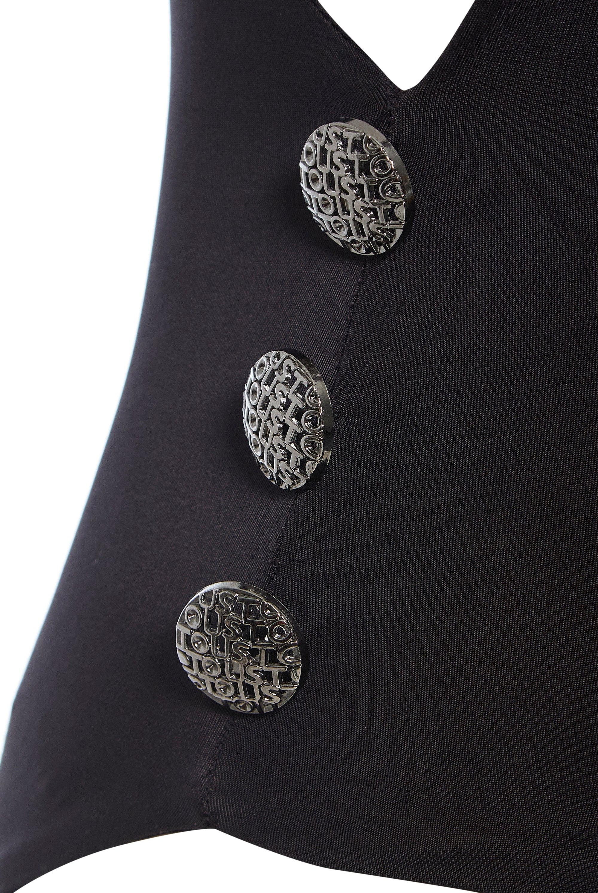 Close-up of Sarvin's Dropped Armhole Bodysuit in silk-touch jersey, showcasing three large, round silver buttons with textured abstract patterns vertically aligned on the front.