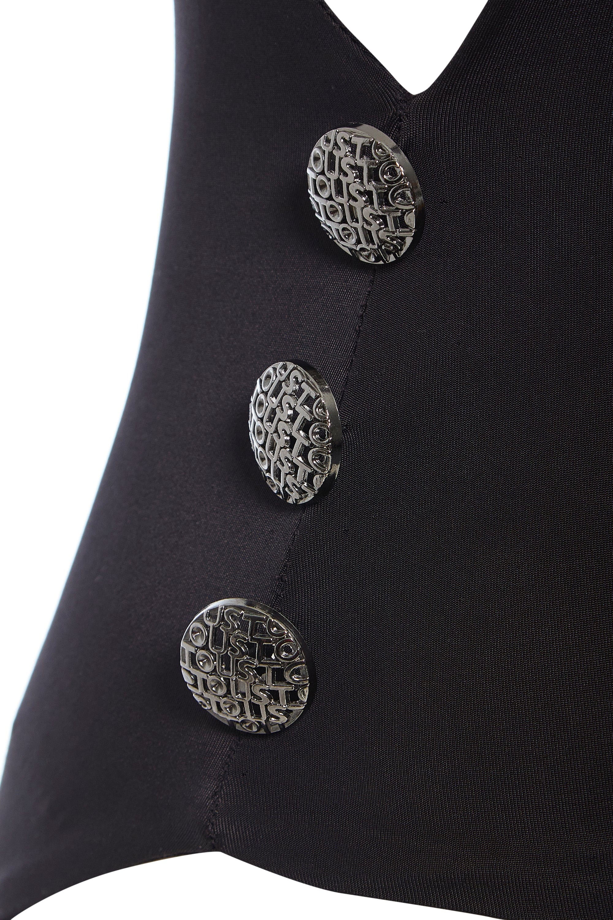Close-up of Sarvin's Dropped Armhole Bodysuit in silk-touch jersey, showcasing three large, round silver buttons with textured abstract patterns vertically aligned on the front.