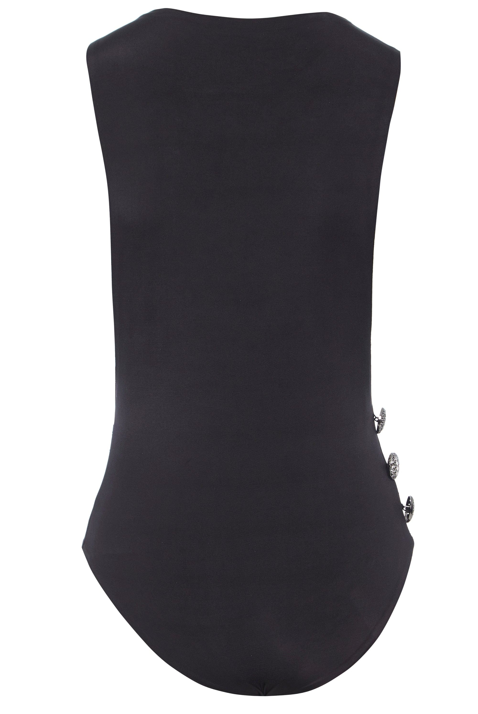 Back view of the Sarvin Dropped Armhole Bodysuit—sleeveless with a smooth black finish, detailed with three metallic buttons on the right waist. Ideal as a chic party piece.