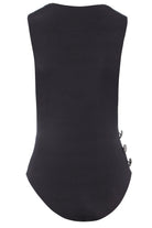 Back view of the Sarvin Dropped Armhole Bodysuit—sleeveless with a smooth black finish, detailed with three metallic buttons on the right waist. Ideal as a chic party piece.