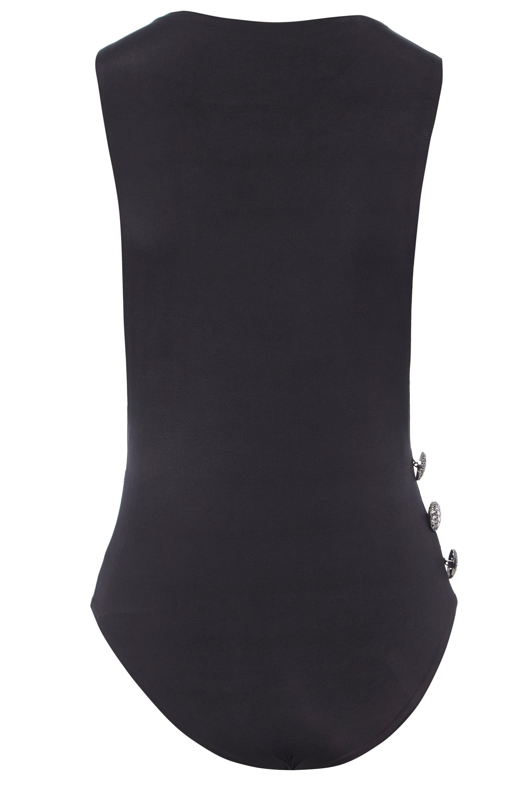 Back view of the Sarvin Dropped Armhole Bodysuit—sleeveless with a smooth black finish, detailed with three metallic buttons on the right waist. Ideal as a chic party piece.