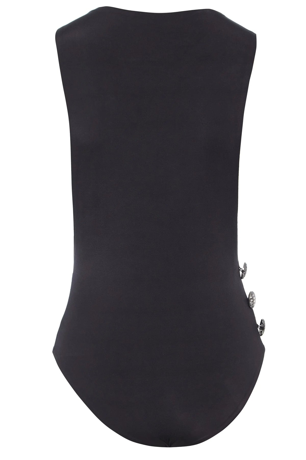 Back view of the Sarvin Dropped Armhole Bodysuit—sleeveless with a smooth black finish, detailed with three metallic buttons on the right waist. Ideal as a chic party piece.