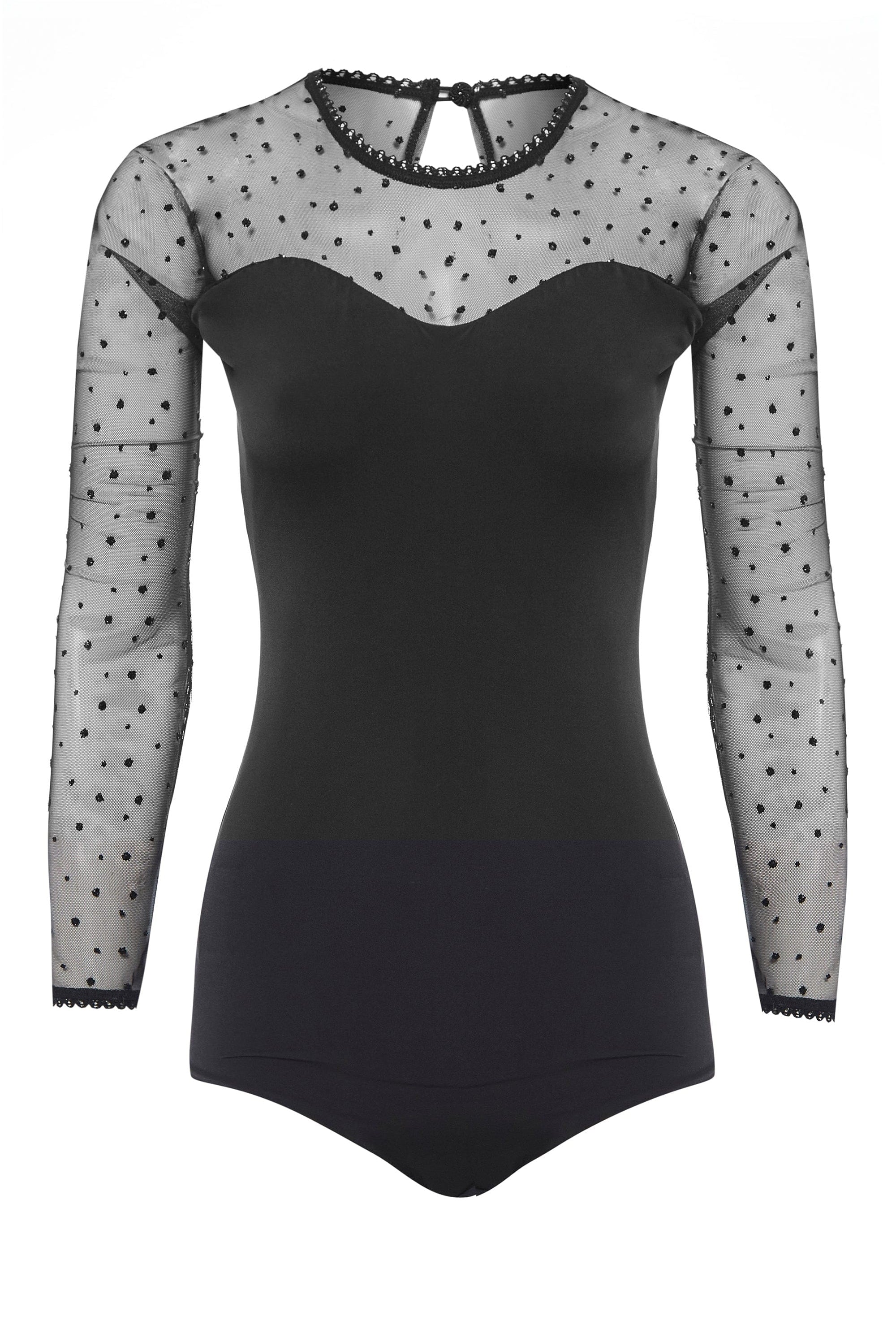 The Sarvin Long-Sleeve Mesh Bodysuit features black sheer sleeves and upper chest, glitter polka dot mesh fabric, a round neckline, and a small back button closure.