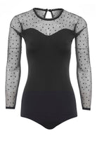 The Sarvin Long-Sleeve Mesh Bodysuit features black sheer sleeves and upper chest, glitter polka dot mesh fabric, a round neckline, and a small back button closure.