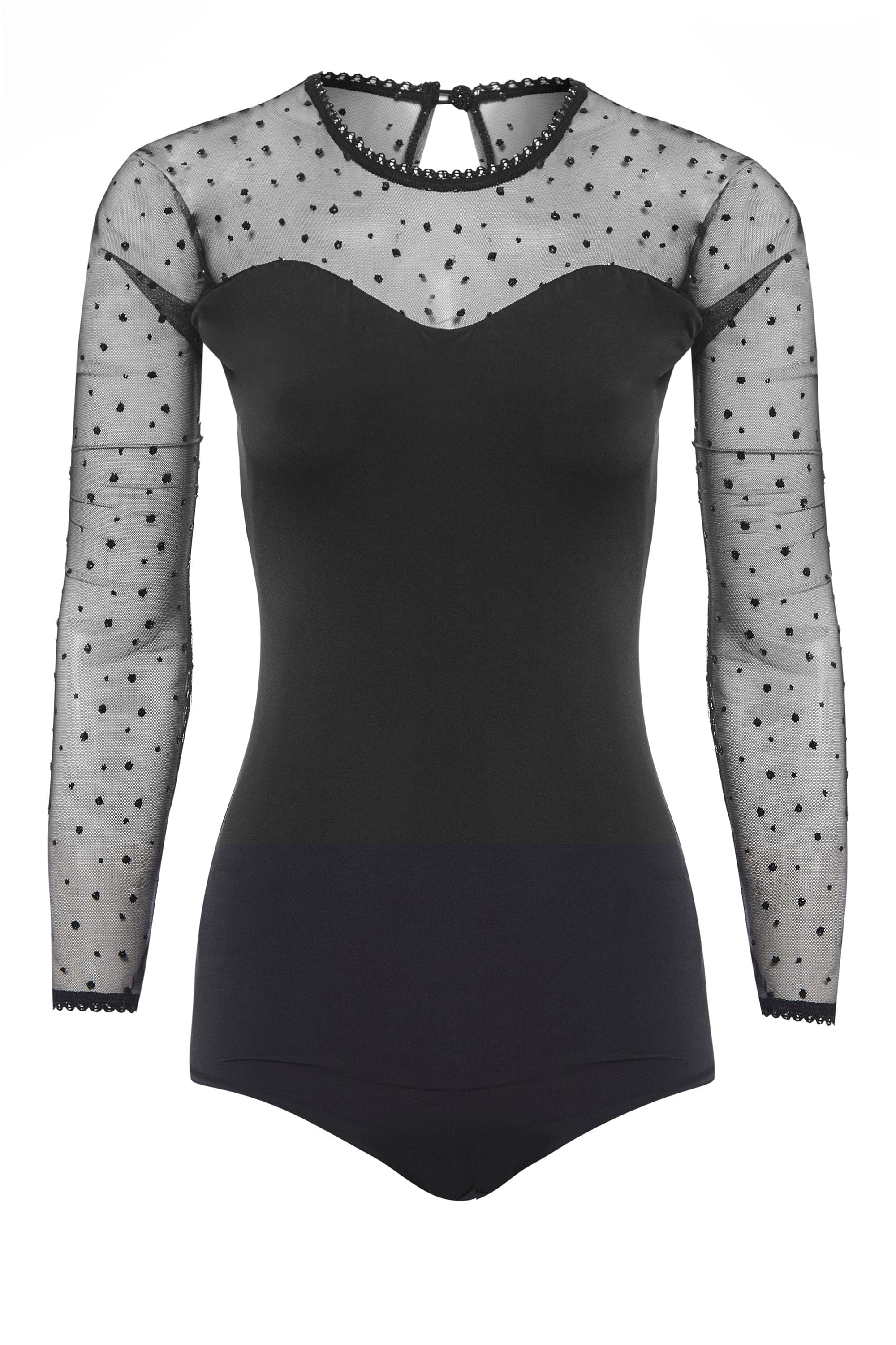 The Sarvin Long-Sleeve Mesh Bodysuit features black sheer sleeves and upper chest, glitter polka dot mesh fabric, a round neckline, and a small back button closure.