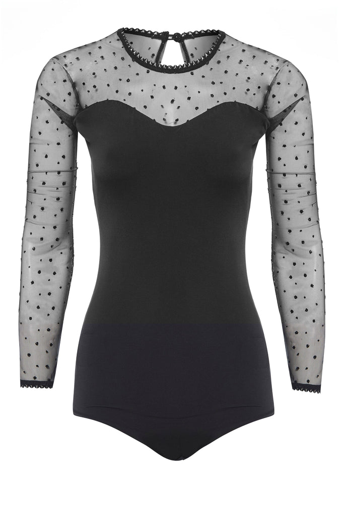 a black Sarvin long - sleeved Long Sleeve Glitter Mesh Bodysuit with polka dots.