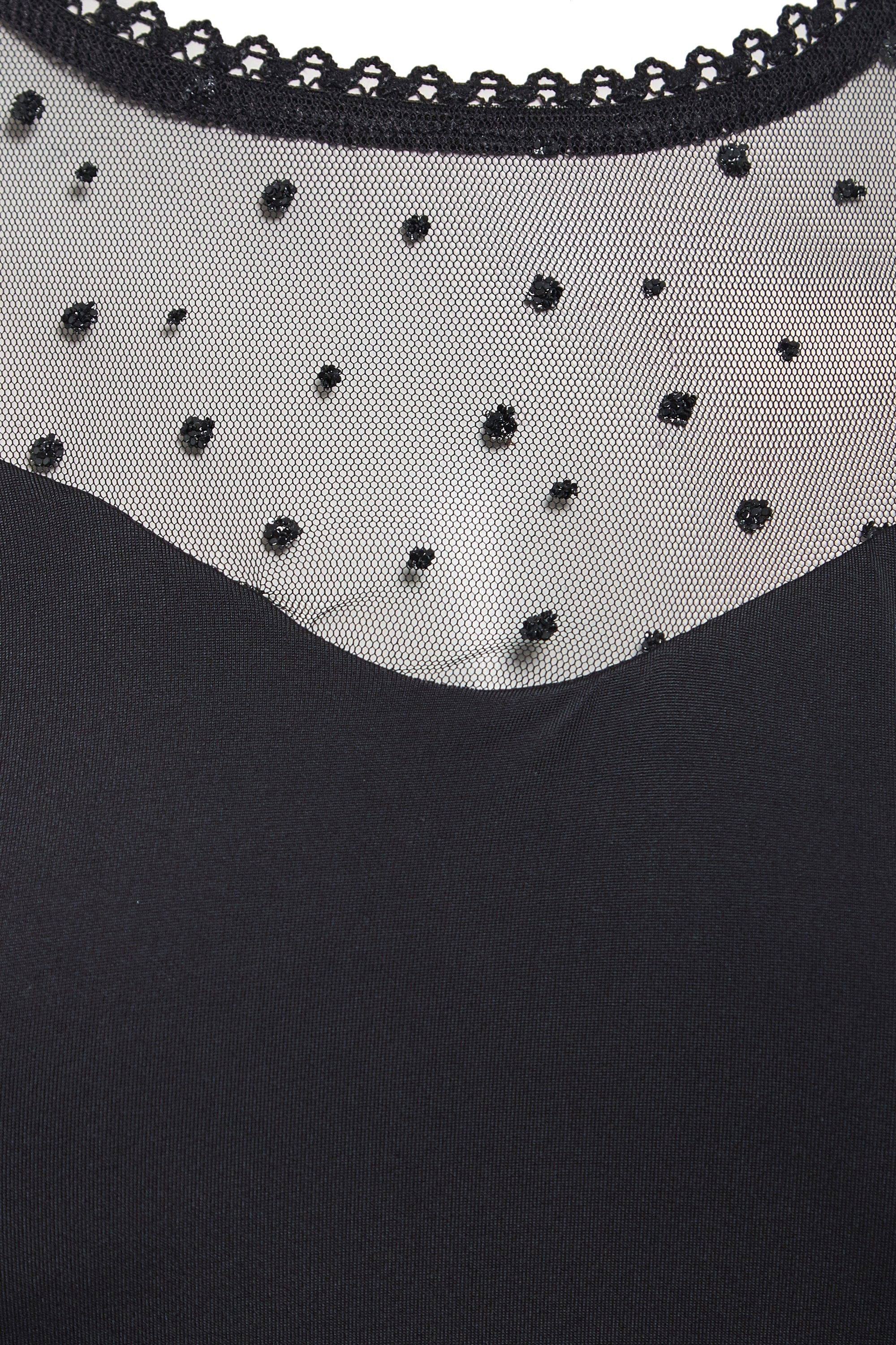Close-up of the Sarvin Long-Sleeve Mesh Bodysuit, showcasing sheer black mesh with small polka dots and a delicate lace-trimmed neckline.