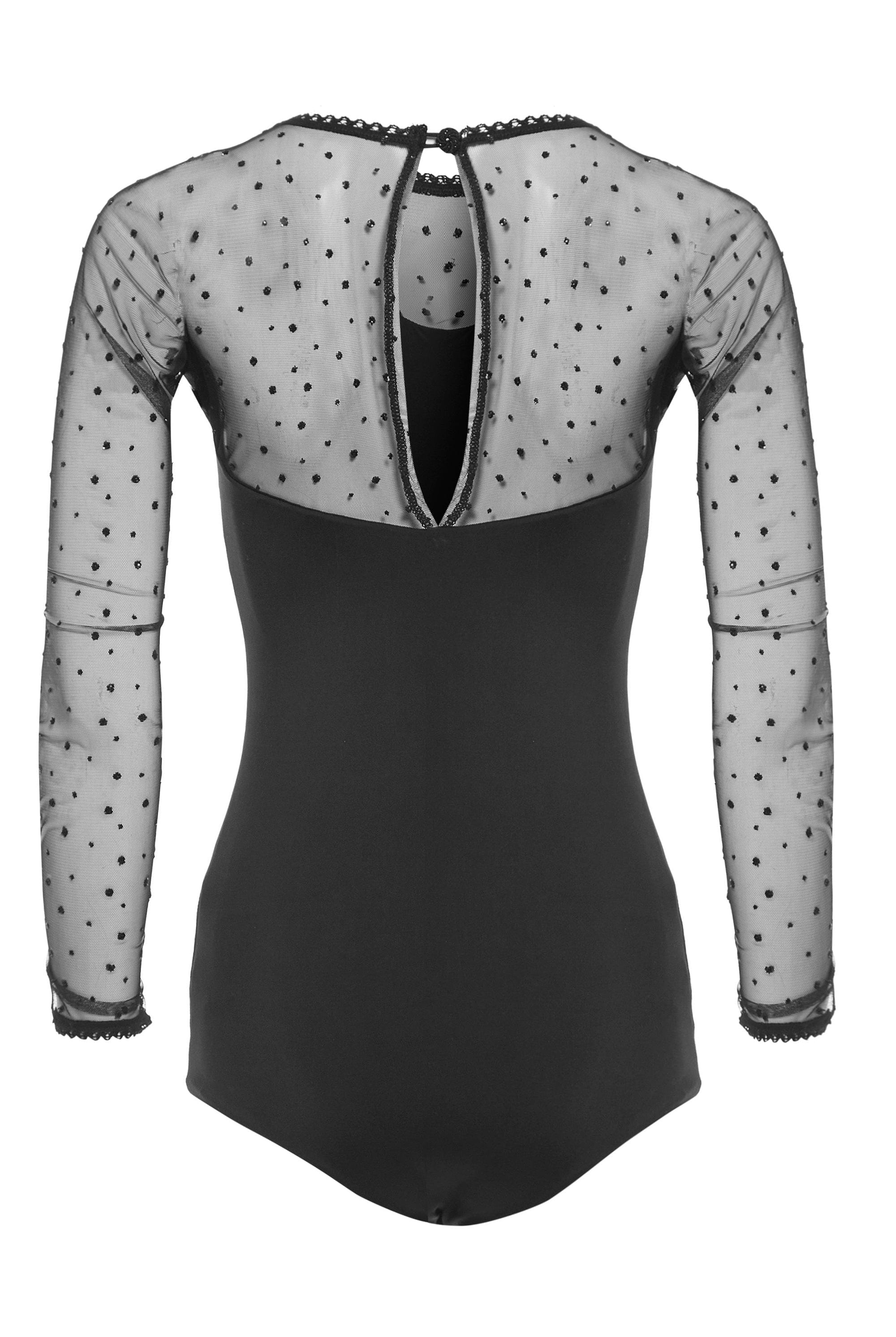 The Sarvin Long-Sleeve Mesh Bodysuit in black features sheer polka dot mesh sleeves and back, a teardrop keyhole neckline, and elegant lace-inspired details, shown from the back.