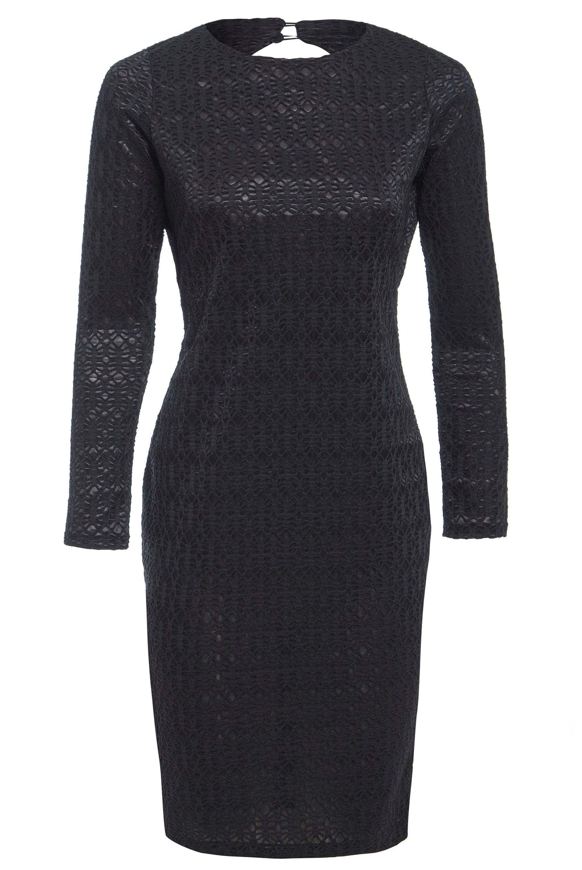 The Sarvin Black Twisted Backless Dress features a fitted, knee-length silhouette with long sleeves, a round neckline, and an elegant twisted backless detail for a sophisticated look.