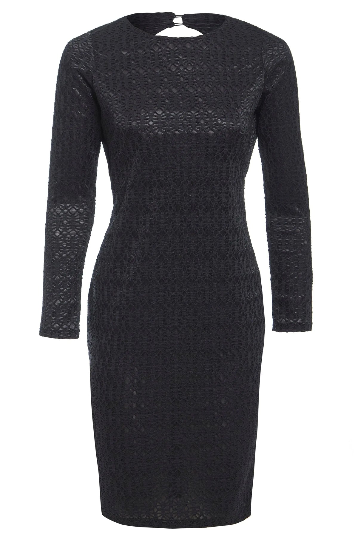 The Sarvin Black Twisted Backless Dress features a fitted, knee-length silhouette with long sleeves, a round neckline, and an elegant twisted backless detail for a sophisticated look.
