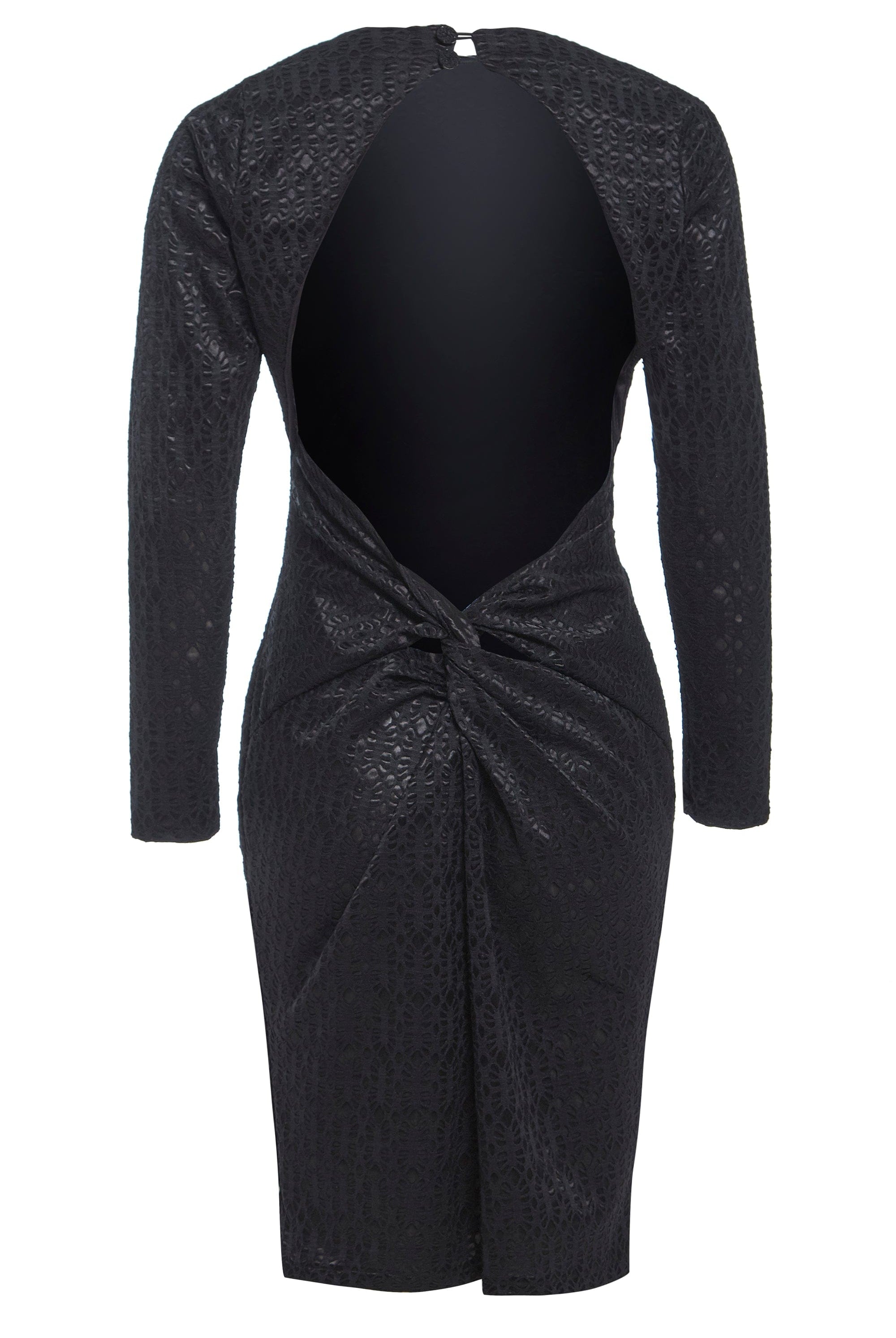 The Sarvin Black Twisted Backless Dress is a black lace bodycon with long sleeves, knee-length hem, textured pattern, open back, and twisted knot detail at the lower back, shown against a white background.