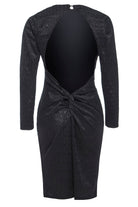 The Sarvin Black Twisted Backless Dress is a black lace bodycon with long sleeves, knee-length hem, textured pattern, open back, and twisted knot detail at the lower back, shown against a white background.