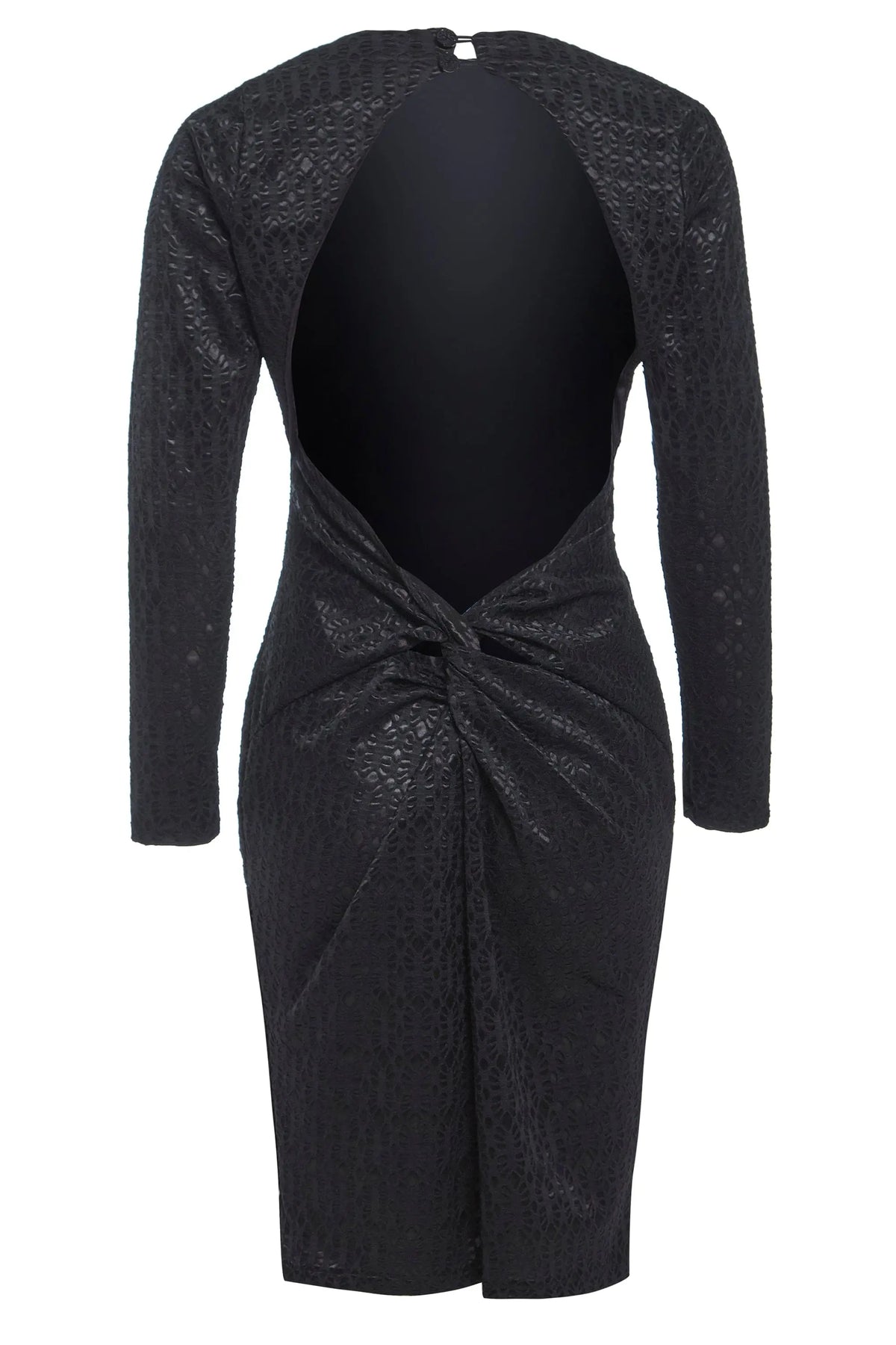 The Sarvin Black Twisted Backless Dress is a black lace bodycon with long sleeves, knee-length hem, textured pattern, open back, and twisted knot detail at the lower back, shown against a white background.