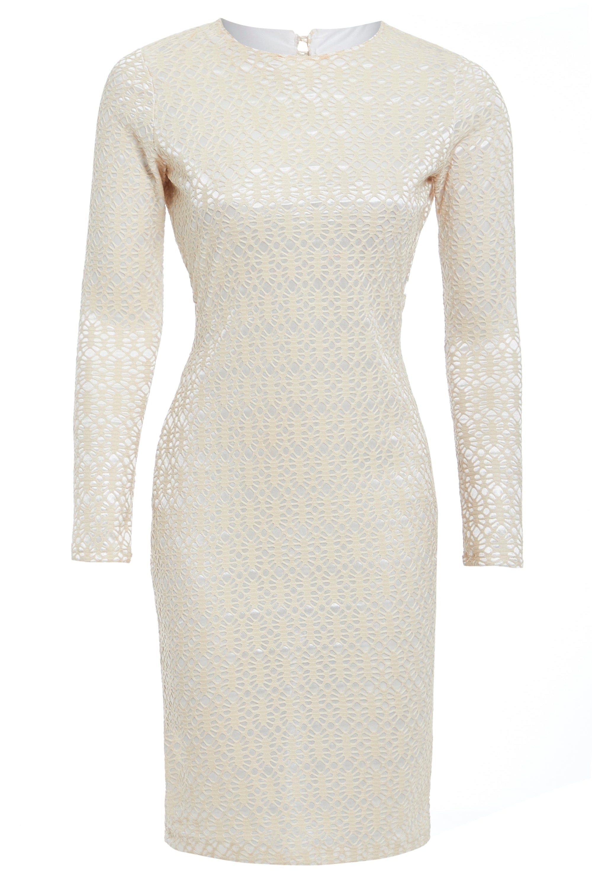 The Sarvin Ivory Lace Backless Dress is a cream long-sleeve, knee-length bodycon evening dress with a lace-like texture, round neckline, chic back button closure, and elegant fitted silhouette.