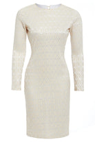 The Sarvin Ivory Lace Backless Dress is a cream long-sleeve, knee-length bodycon evening dress with a lace-like texture, round neckline, chic back button closure, and elegant fitted silhouette.