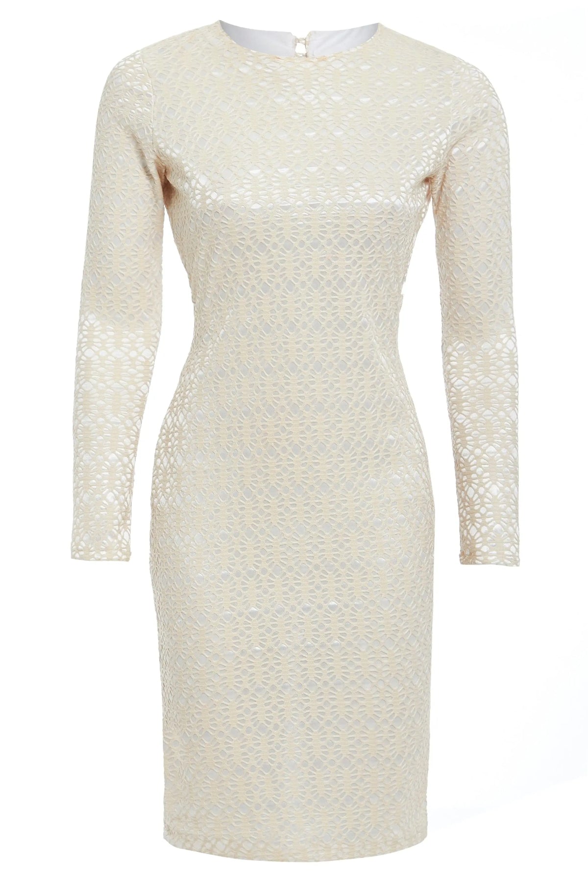 The Sarvin Ivory Lace Backless Dress is a cream long-sleeve, knee-length bodycon evening dress with a lace-like texture, round neckline, chic back button closure, and elegant fitted silhouette.