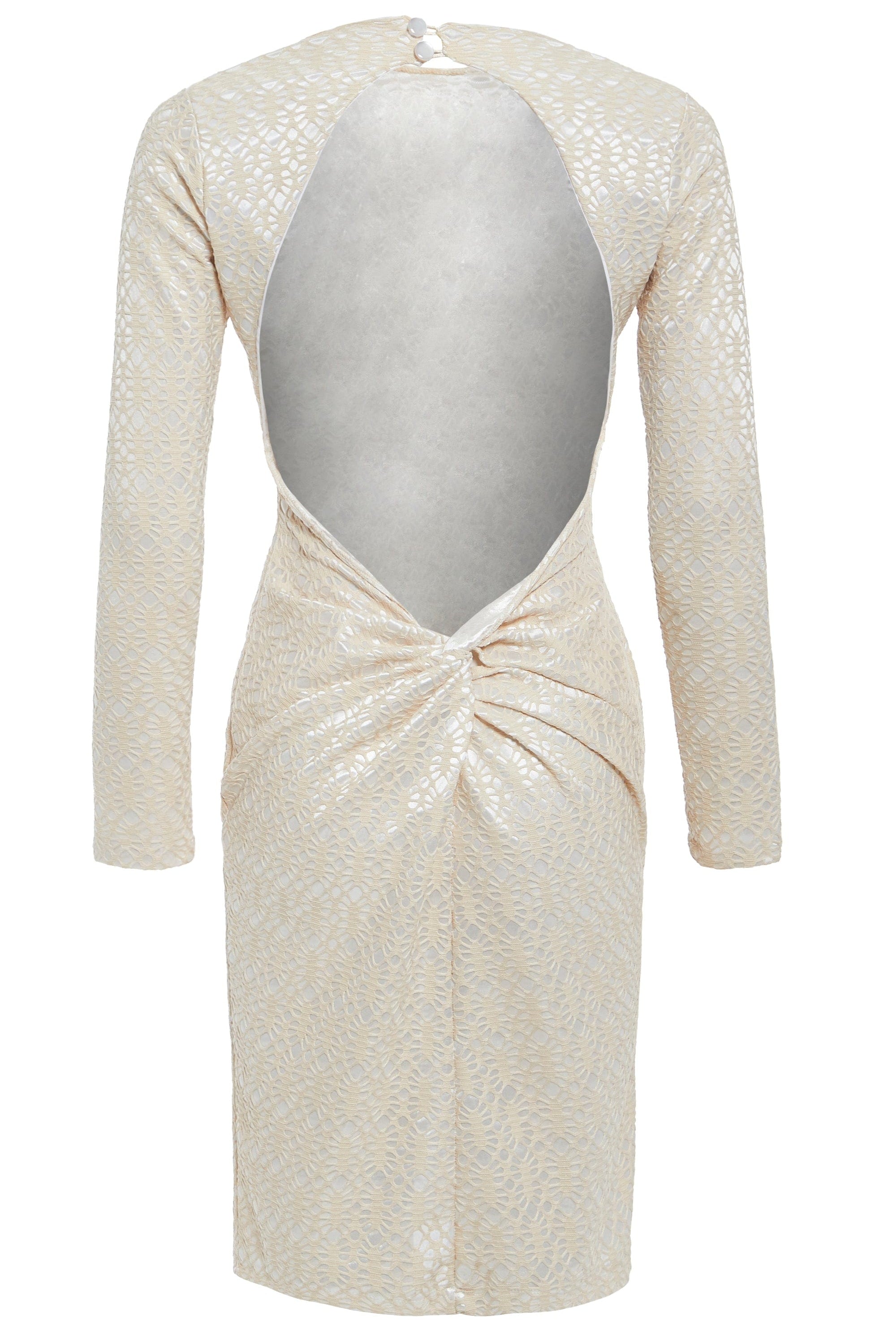 The Sarvin Ivory Lace Backless Dress is a beige, long-sleeved, bodycon evening dress with a lace-like texture, ruched lower back, and a large oval open back fastened at the neck with one button.