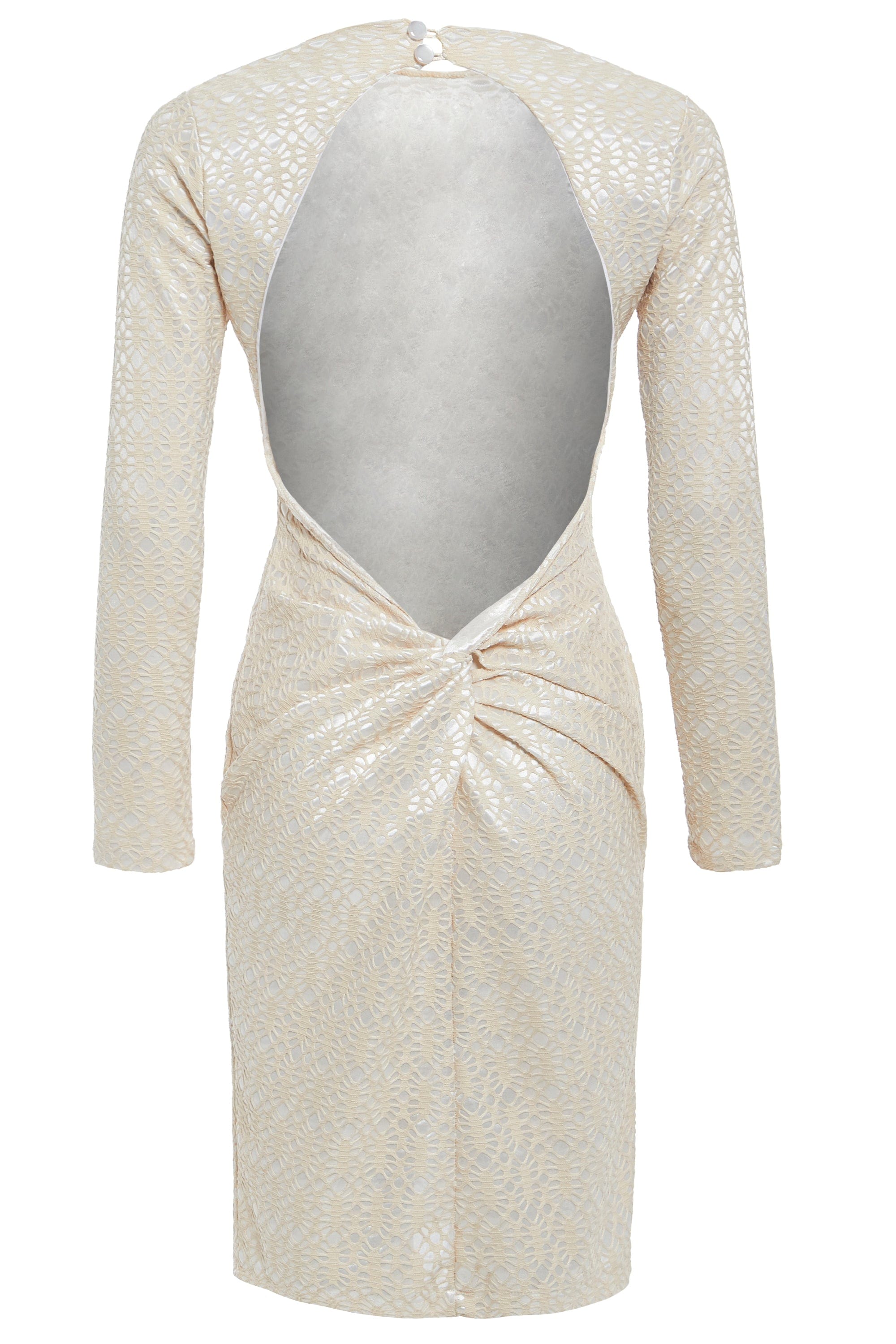 The Sarvin Ivory Lace Backless Dress is a beige, long-sleeved, bodycon evening dress with a lace-like texture, ruched lower back, and a large oval open back fastened at the neck with one button.