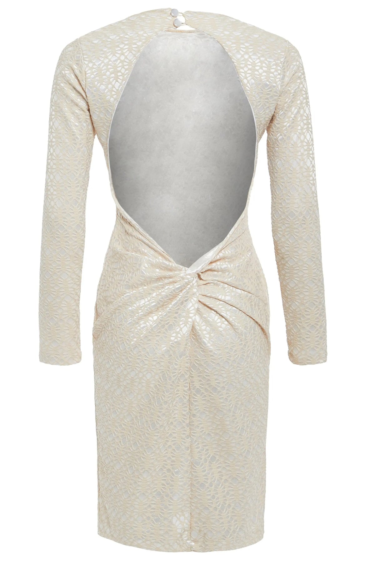 The Sarvin Ivory Lace Backless Dress is a beige, long-sleeved, bodycon evening dress with a lace-like texture, ruched lower back, and a large oval open back fastened at the neck with one button.