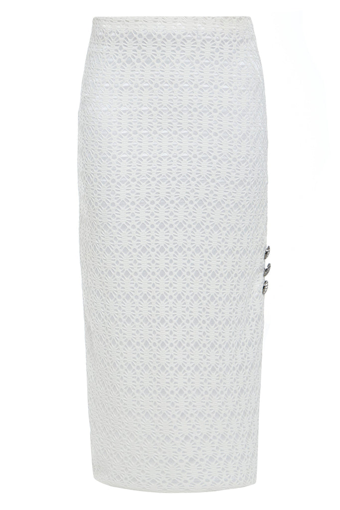 a White Lace Bodycon Skirt with buttons from Sarvin.
