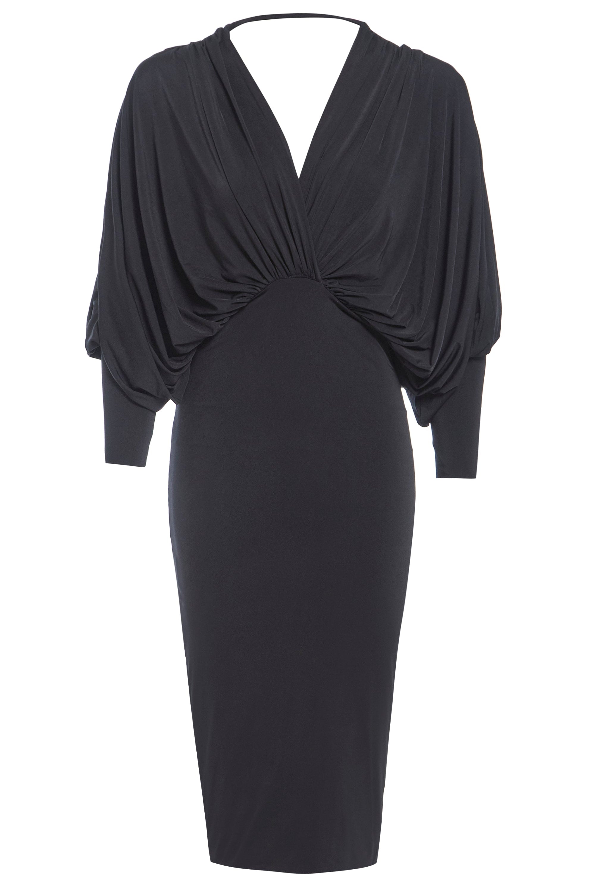 The Sarvin Black Batwing Sleeve Midi Dress features a deep V-neckline, draped front, and fitted skirt in silk-touch jersey for a flattering slim silhouette.