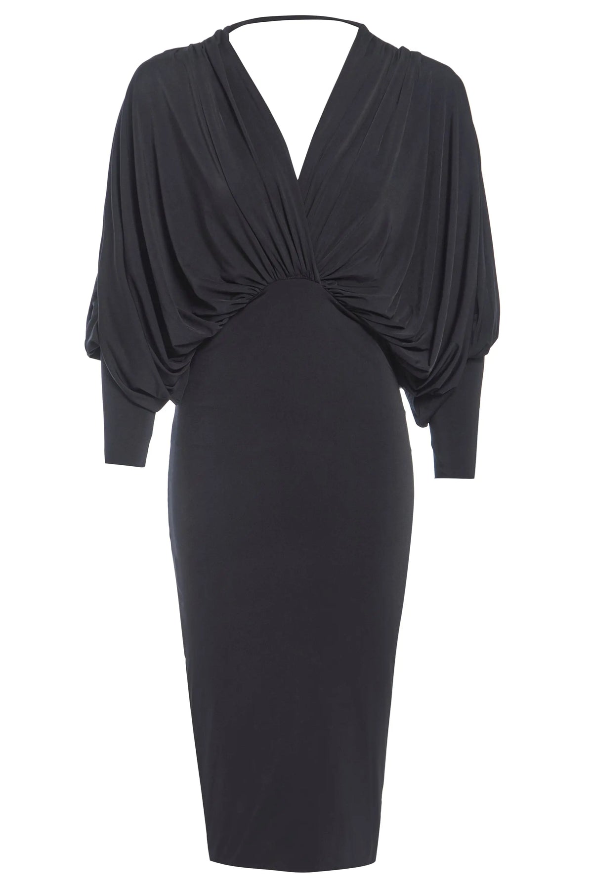 The Sarvin Black Batwing Sleeve Midi Dress features a deep V-neckline, draped front, and fitted skirt in silk-touch jersey for a flattering slim silhouette.
