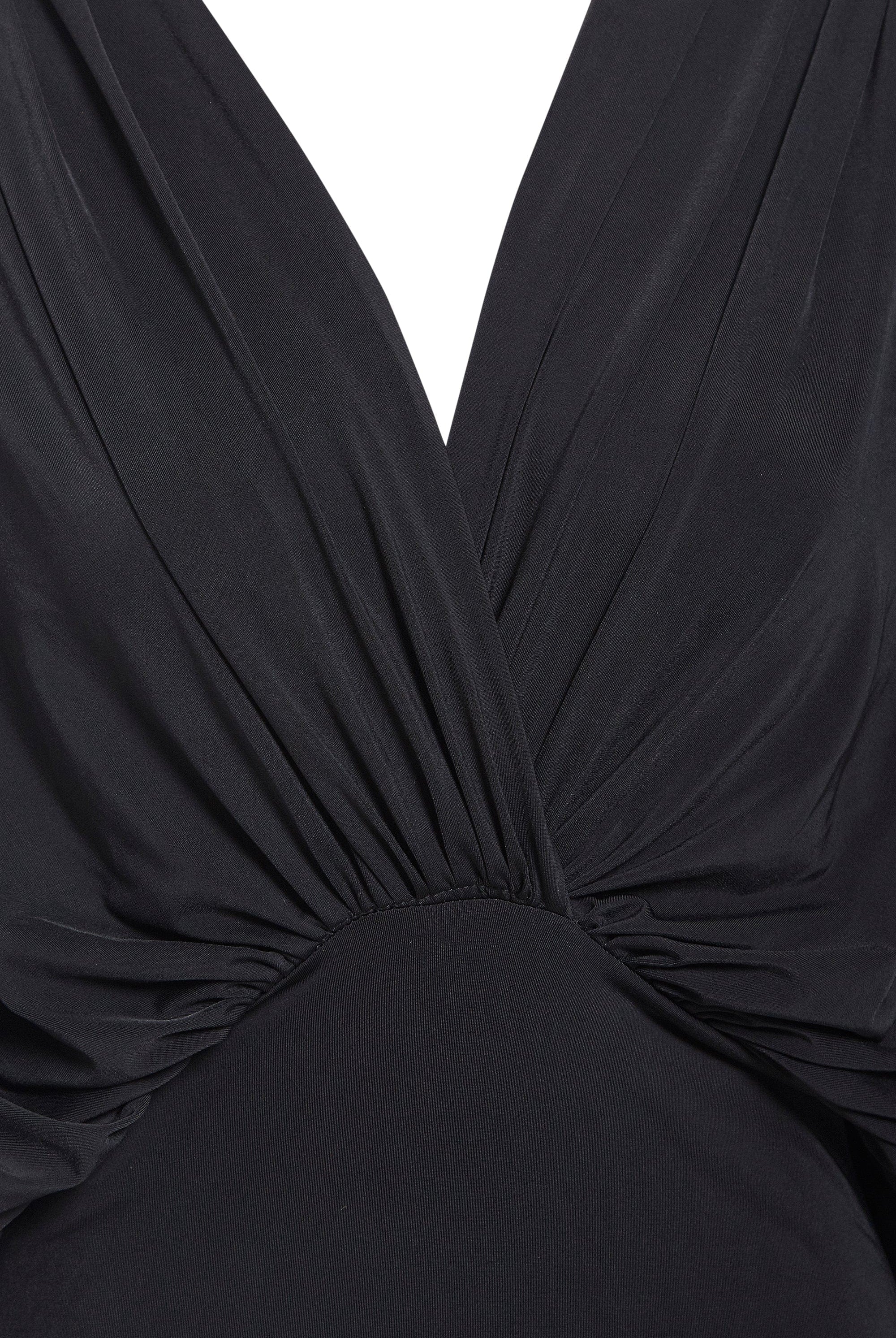 Close-up of the Sarvin Black Batwing Sleeve Midi Dress, featuring a deep V-neckline, gathered draped silk-touch jersey fabric, and a fitted waistband.
