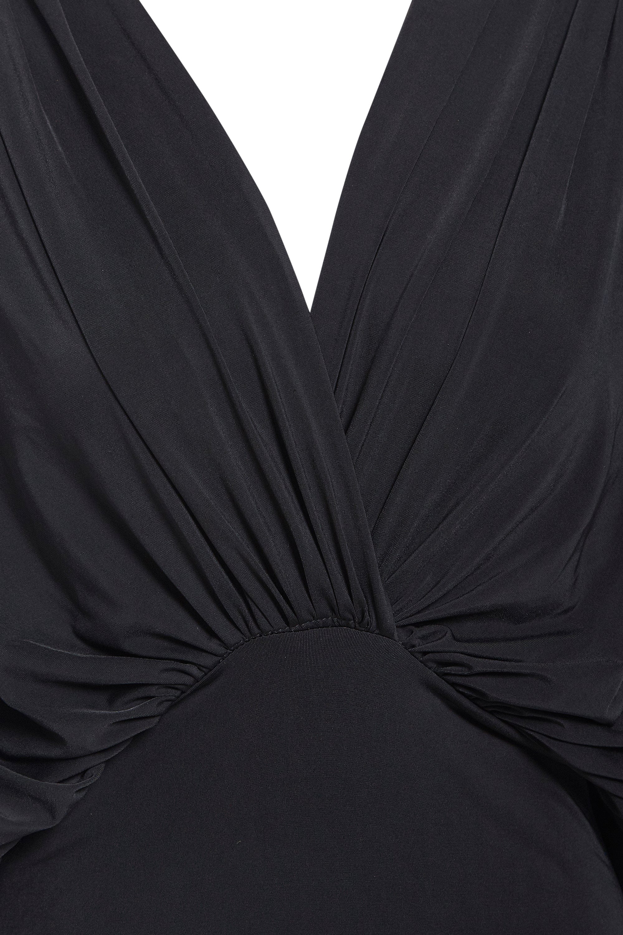 Close-up of the Sarvin Black Batwing Sleeve Midi Dress, featuring a deep V-neckline, gathered draped silk-touch jersey fabric, and a fitted waistband.