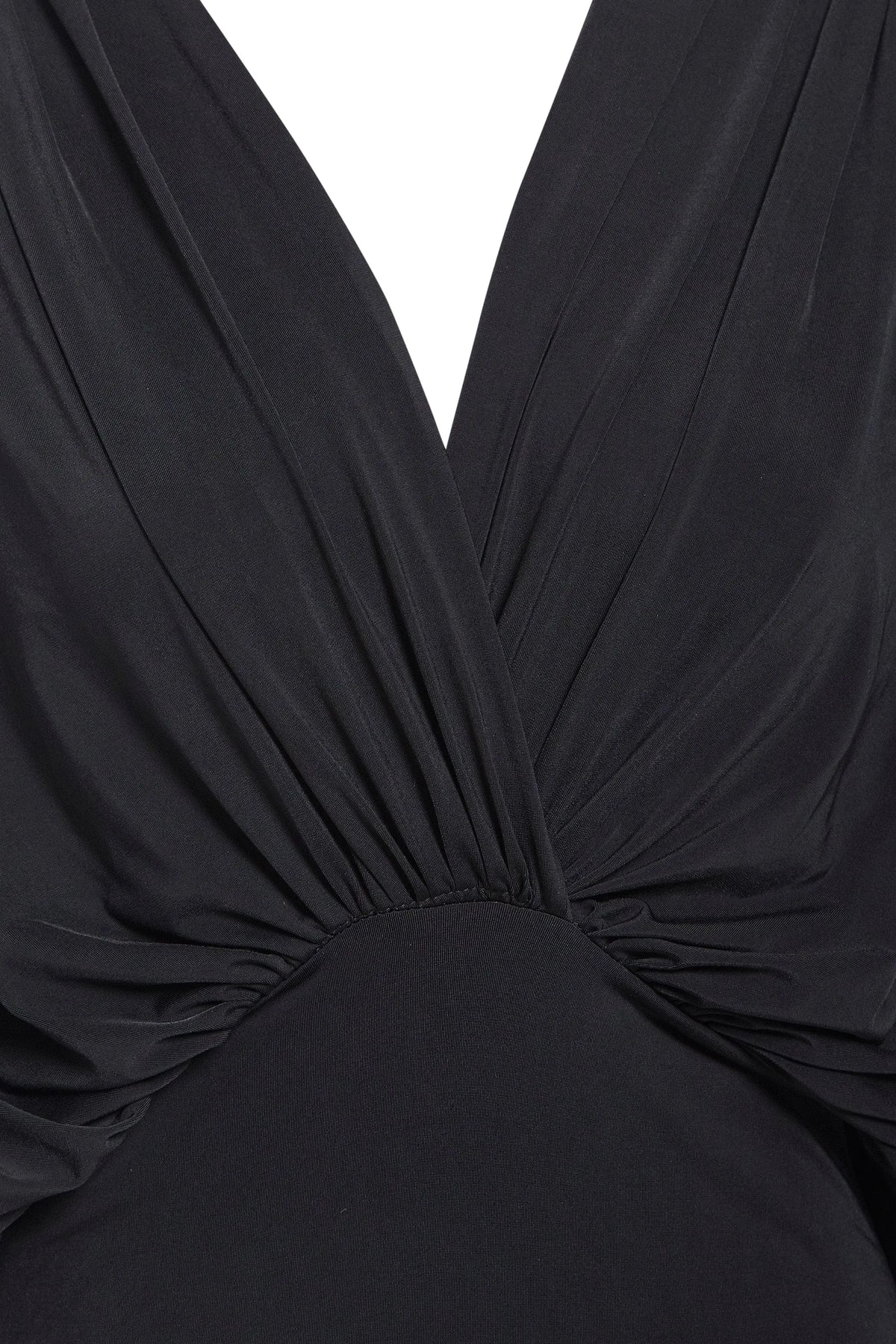 Close-up of the Sarvin Black Batwing Sleeve Midi Dress, featuring a deep V-neckline, gathered draped silk-touch jersey fabric, and a fitted waistband.