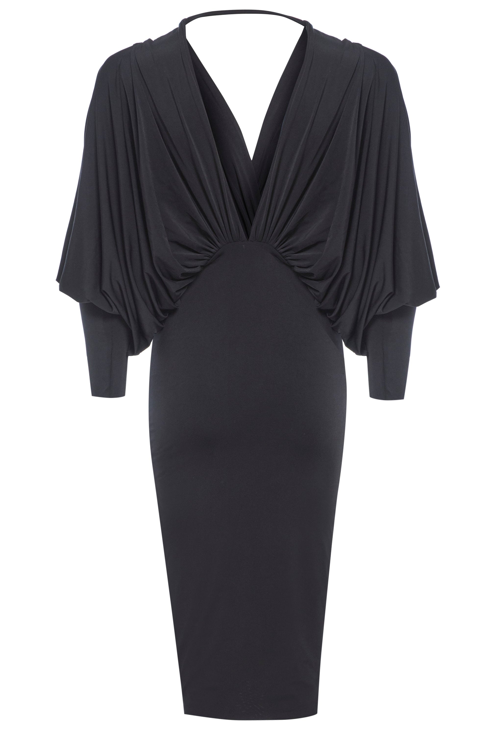 The Sarvin Black Batwing Sleeve Midi Dress features draped batwing sleeves, a deep V-neckline, and a fitted bodycon skirt, crafted from luxurious silk-touch jersey for a sleek silhouette.