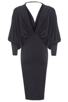 The Sarvin Black Batwing Sleeve Midi Dress features draped batwing sleeves, a deep V-neckline, and a fitted bodycon skirt, crafted from luxurious silk-touch jersey for a sleek silhouette.