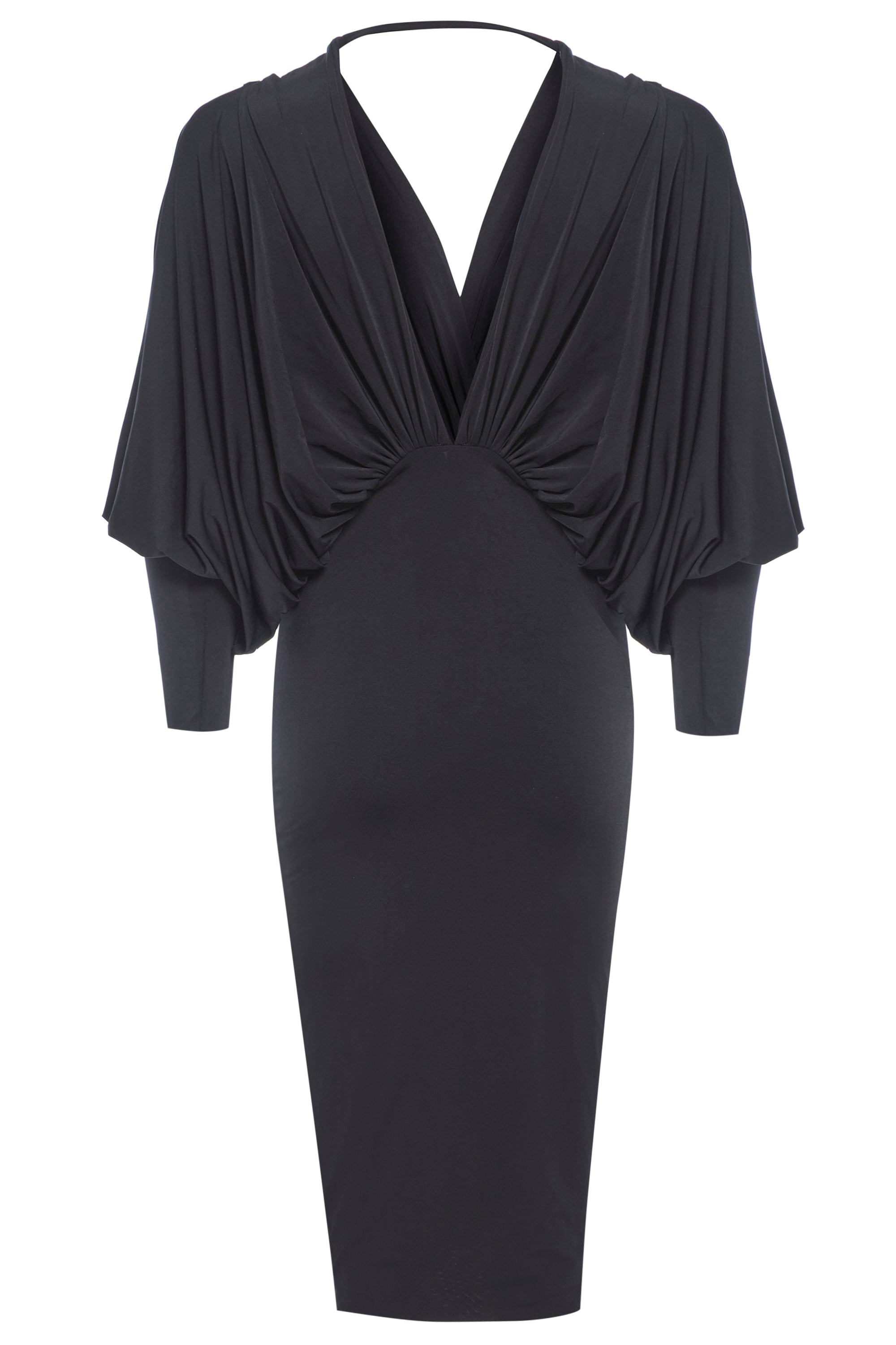 The Sarvin Black Batwing Sleeve Midi Dress features draped batwing sleeves, a deep V-neckline, and a fitted bodycon skirt, crafted from luxurious silk-touch jersey for a sleek silhouette.