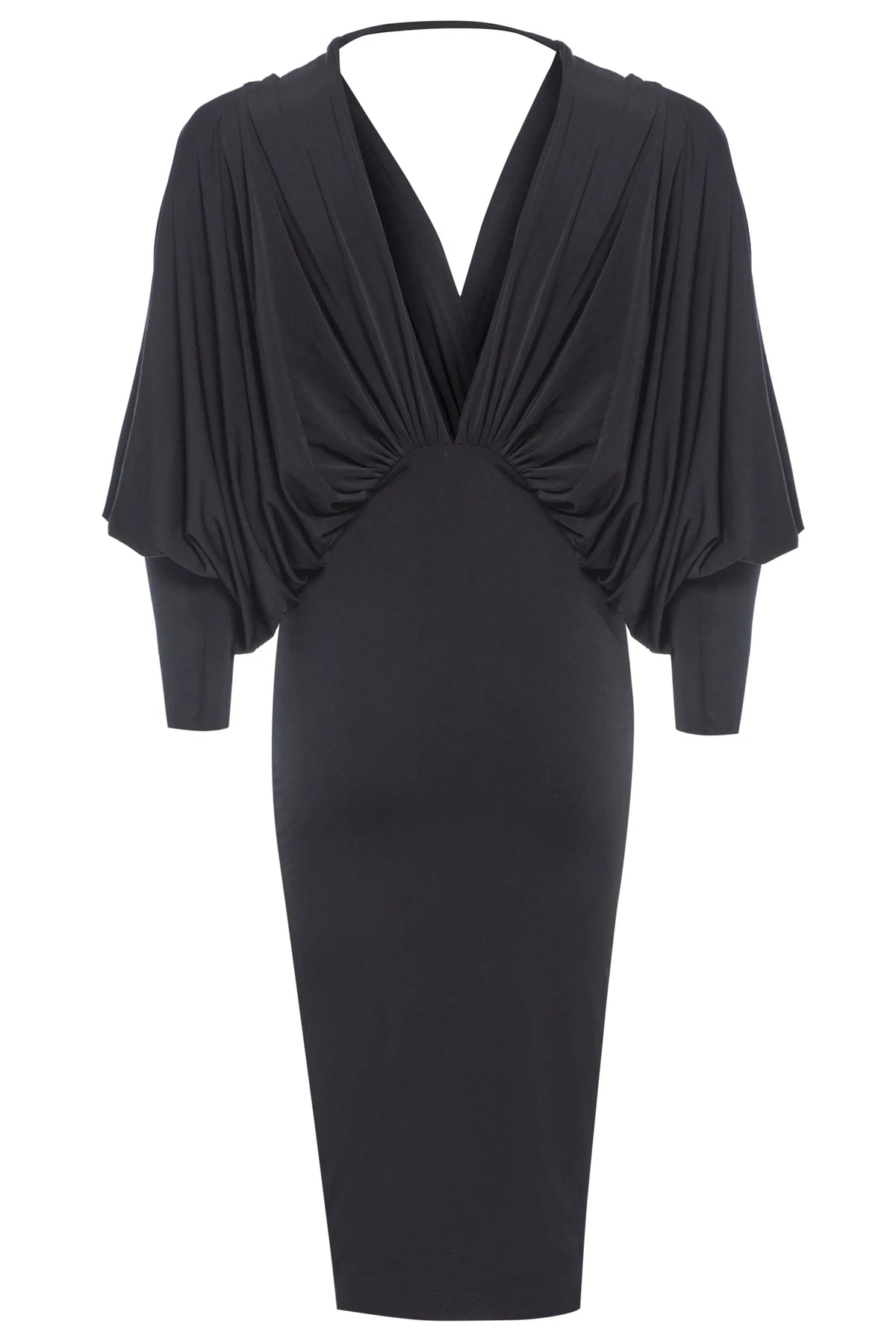 The Sarvin Black Batwing Sleeve Midi Dress features draped batwing sleeves, a deep V-neckline, and a fitted bodycon skirt, crafted from luxurious silk-touch jersey for a sleek silhouette.