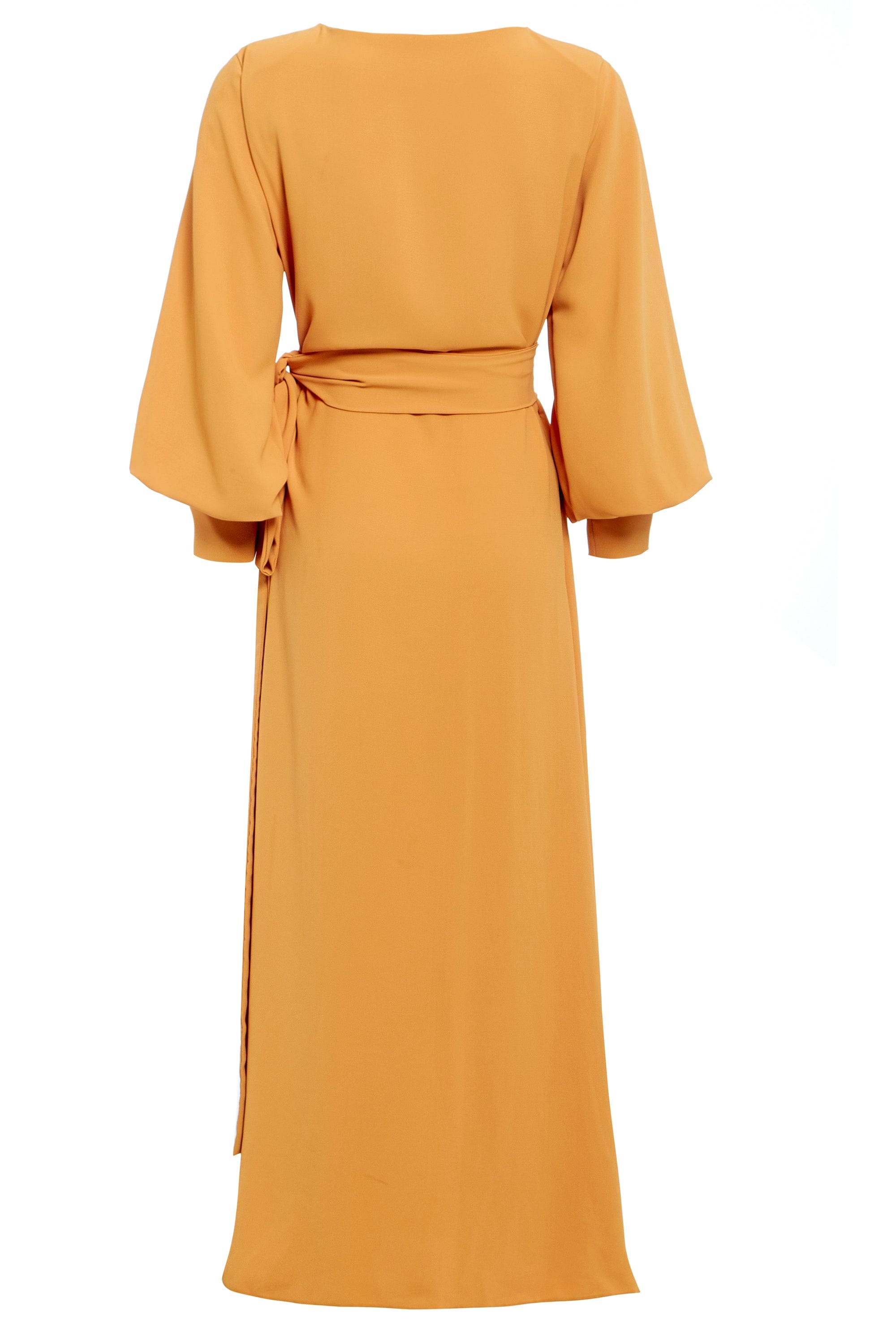 The Sarvin Mustard Wrap Maxi Dress features long balloon bishop sleeves, an ankle-length design, a tied waist belt, and is shown from the back.