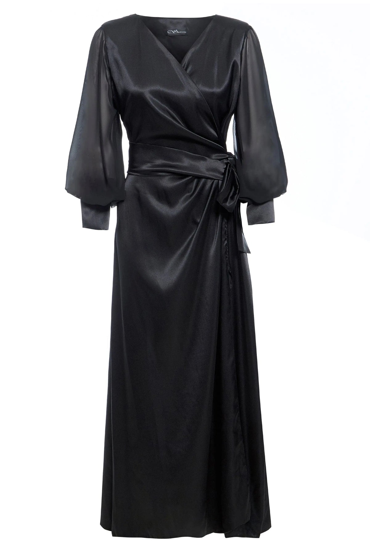 black satin wrap dress