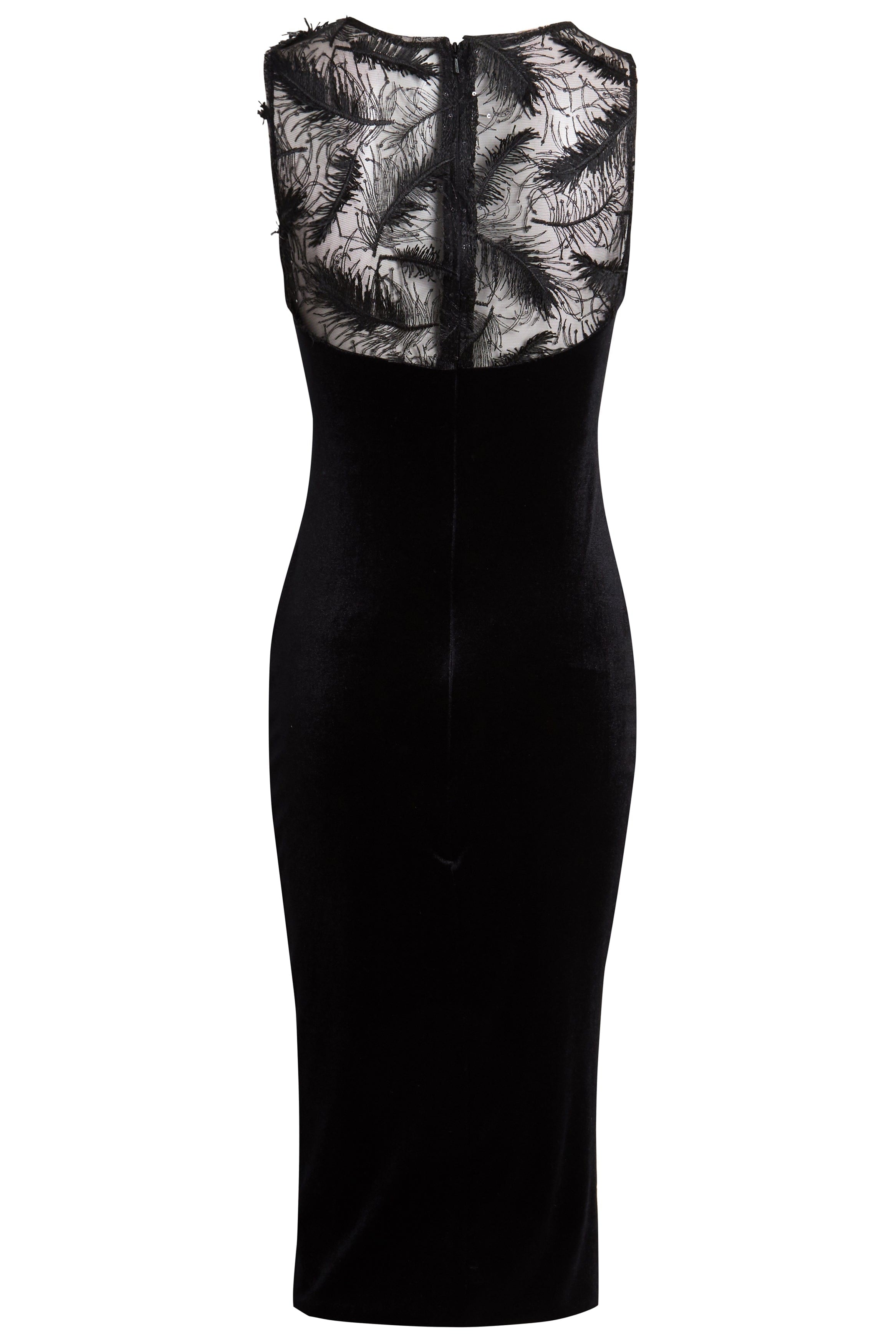 The back view of a Sarvin black Velvet Bodycon Dress.