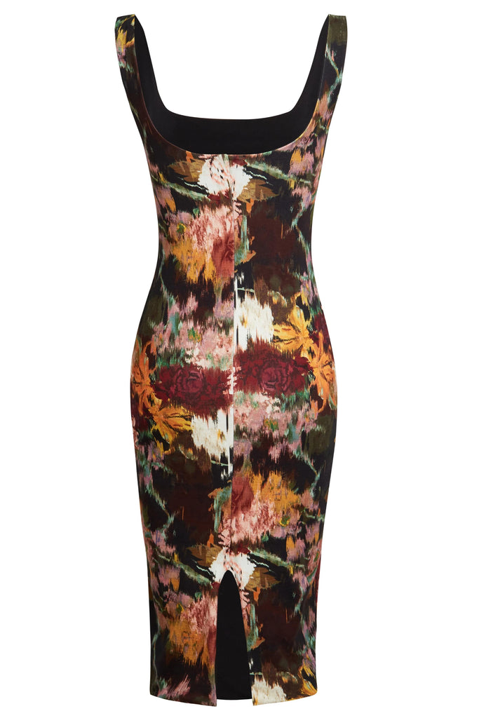 a Sleeveless Floral Bodycon Dress by Sarvin with a floral print on it.