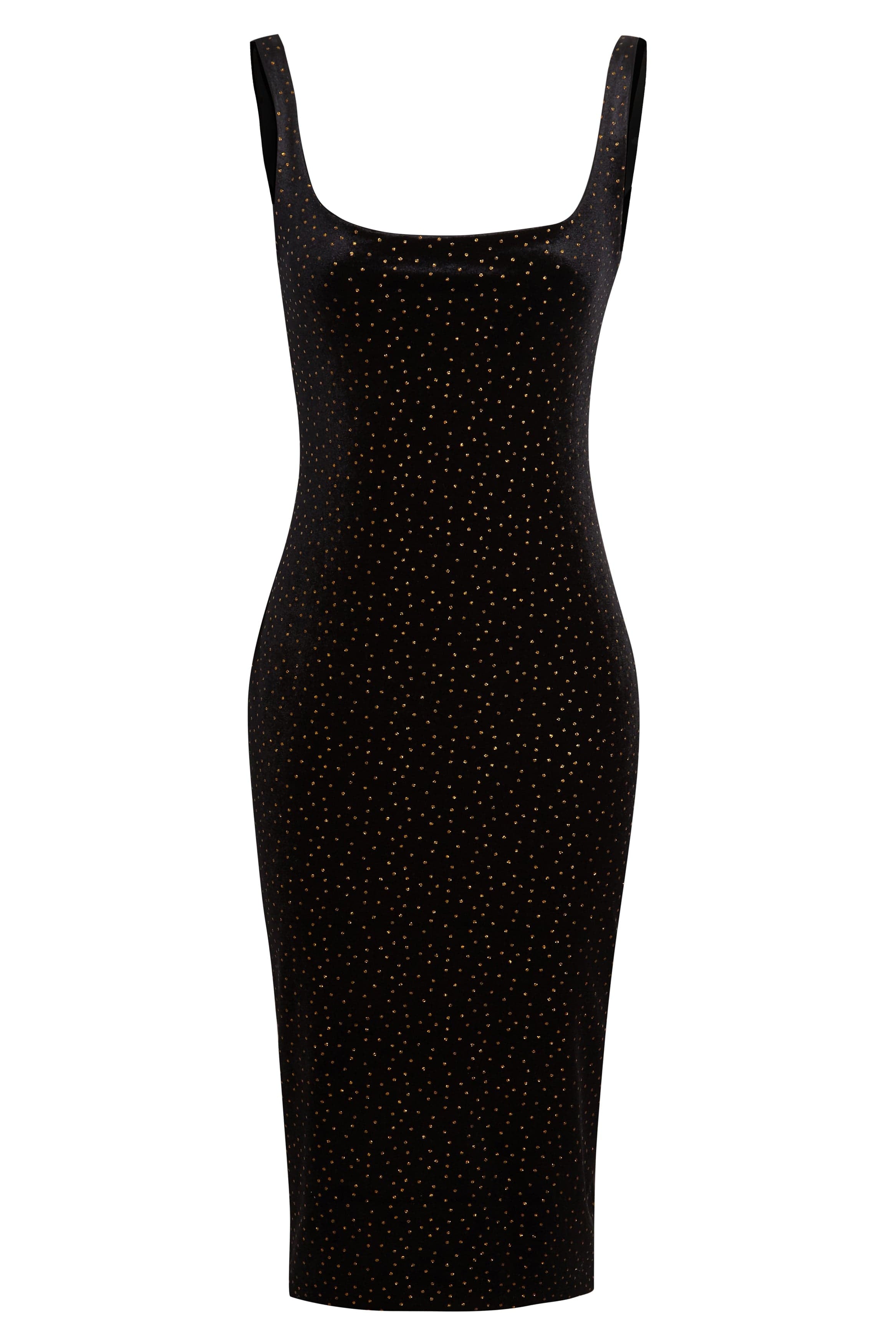 The Sarvin Black Polka Dot Dress is a sleeveless, knee-length velvet midi bodycon dress with a scoop neckline and small gold dots, shown against a white background.