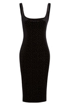 The Sarvin Black Polka Dot Dress is a sleeveless, knee-length velvet midi bodycon dress with a scoop neckline and small gold dots, shown against a white background.