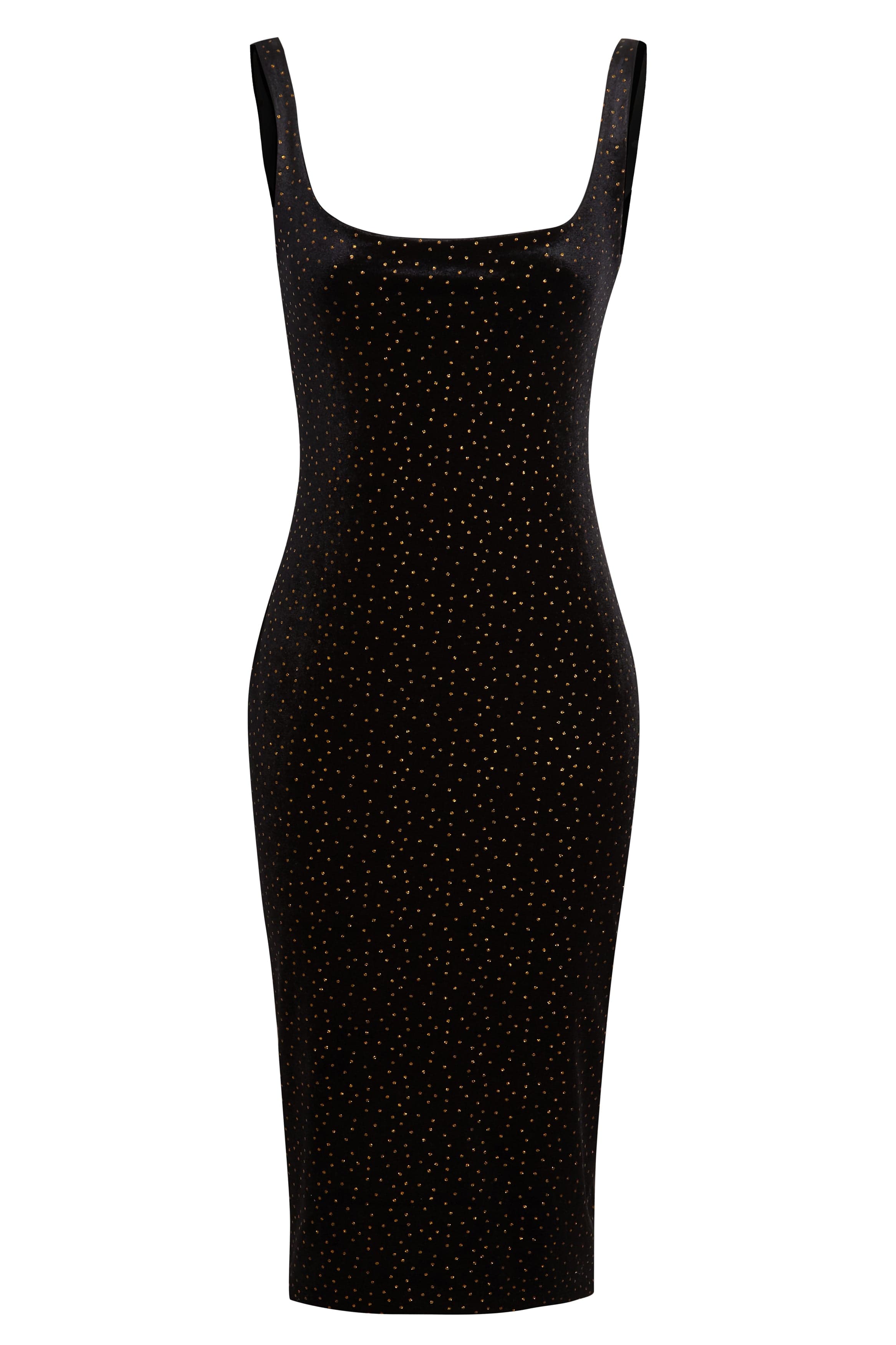 The Sarvin Black Polka Dot Dress is a sleeveless, knee-length velvet midi bodycon dress with a scoop neckline and small gold dots, shown against a white background.