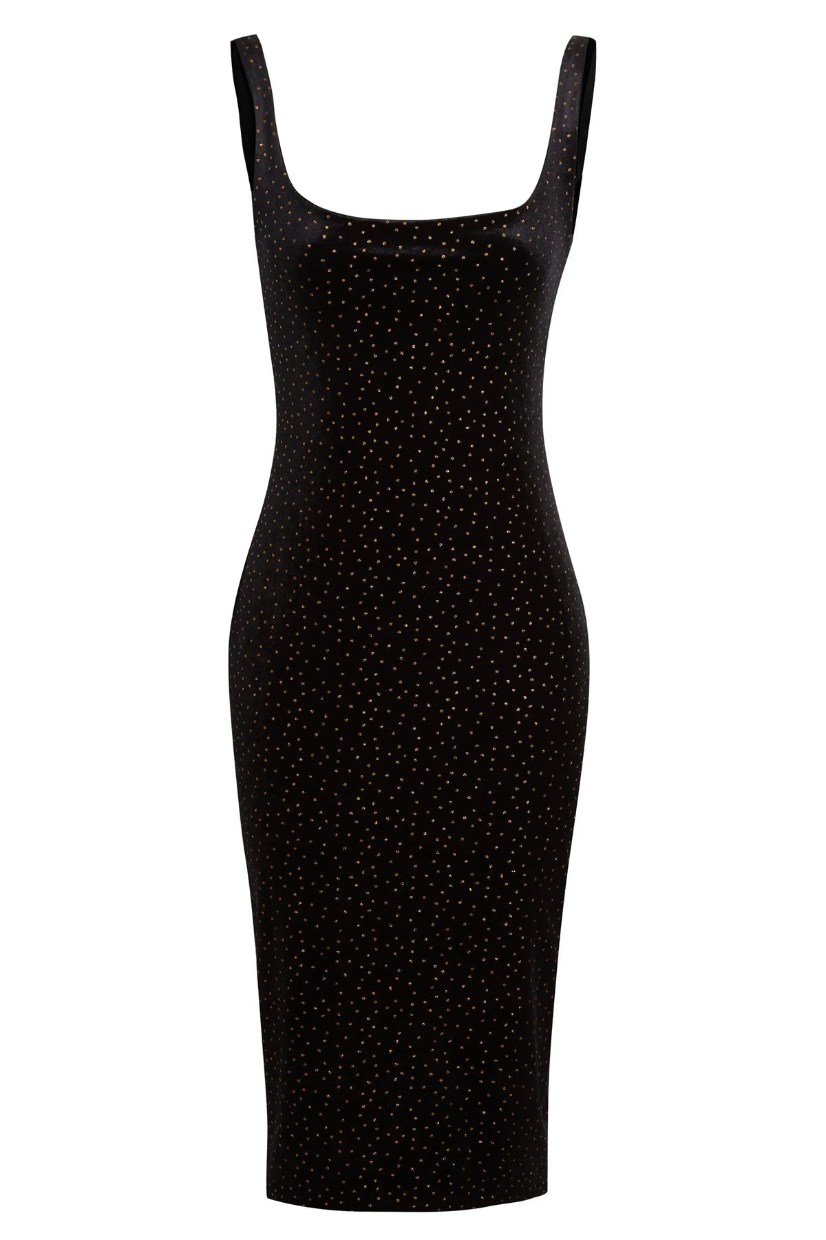 The Sarvin Black Polka Dot Dress is a sleeveless, knee-length velvet midi bodycon dress with a scoop neckline and small gold dots, shown against a white background.